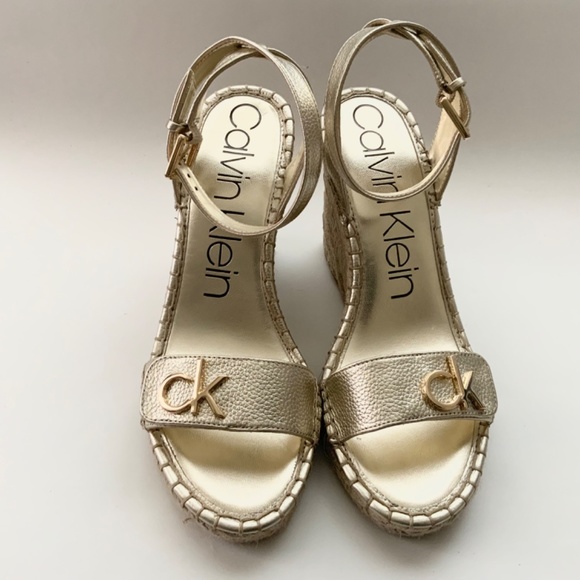 Calvin Klein Karla Gold Leather Espadrille Platform Wedge Slingback Sandals 9.5 - Picture 8 of 13